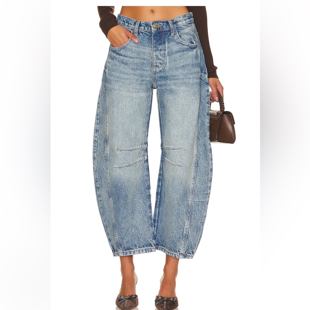 Free People Good Luck Mid Rise Barrel Jeans in Ultra Light Beam